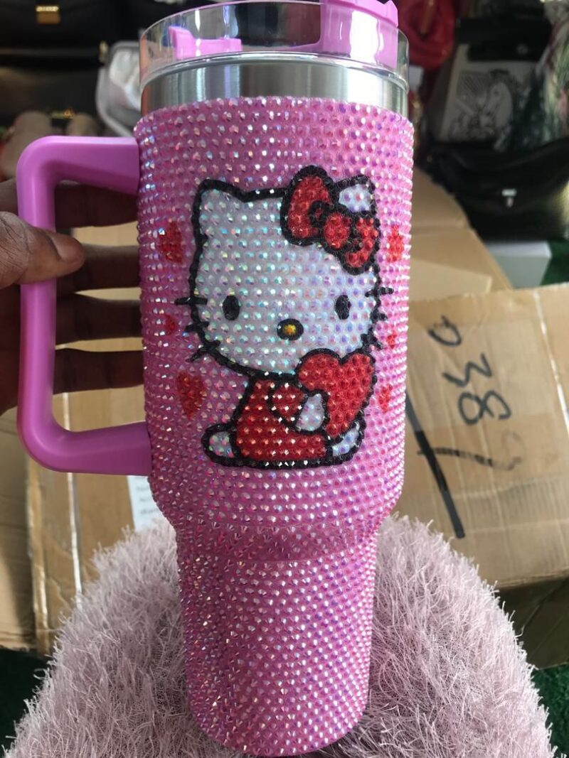40oz Rhinestones Kitty Cat Tumbler With Free Straw Cover - Image 3